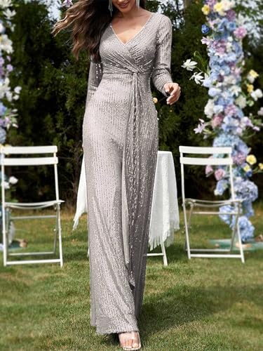 meilun Grey Long Sleeve Sequin Dress for Women Formal Evening Gowns Sparkly V Neck Maxi Dress for Wedding Guest,4XL - Image 4