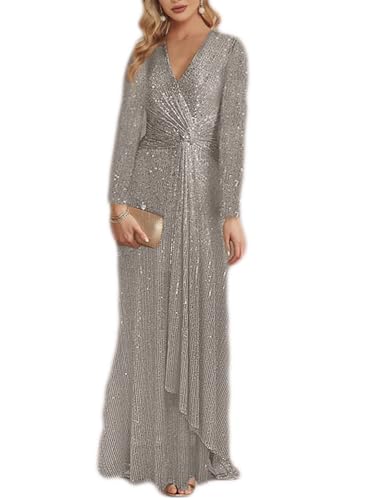 meilun Grey Long Sleeve Sequin Dress for Women Formal Evening Gowns Sparkly V Neck Maxi Dress for Wedding Guest,4XL - Image 1