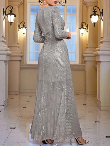 meilun Grey Long Sleeve Sequin Dress for Women Formal Evening Gowns Sparkly V Neck Maxi Dress for Wedding Guest,4XL - Image 5