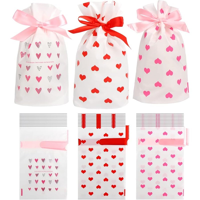 DIYASY Valentine's Day Small Drawstring Candy Gift Bags,36 Pcs Pink Red Heart Plastic Treat Bags for Wedding and Valentine Party Favors - Image 1