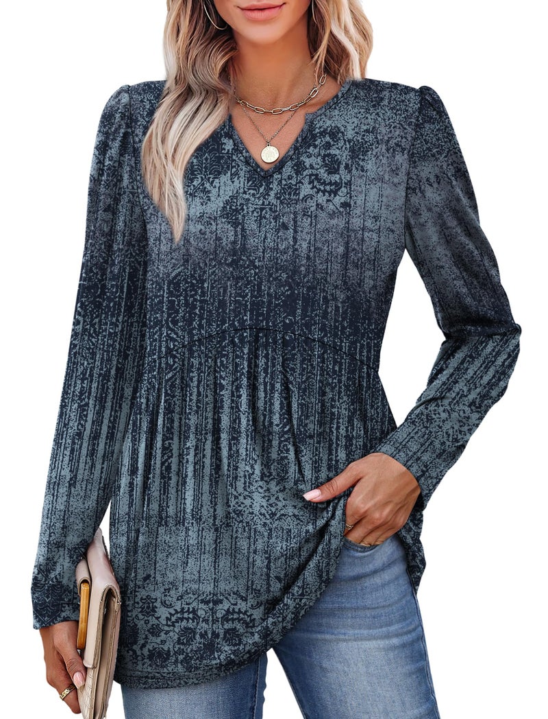 WIHOLL Long Sleeve Shirts for Women V Neck Dressy Casual Blouses Trendy Boho Tops Fall Fashion Winter Clothing Plus Size Ethnic Blue 3XL - Image 4