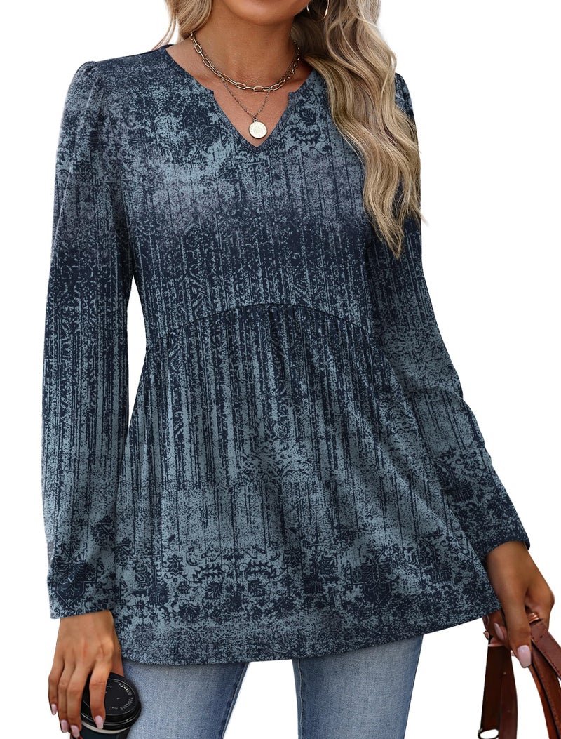 WIHOLL Long Sleeve Shirts for Women V Neck Dressy Casual Blouses Trendy Boho Tops Fall Fashion Winter Clothing Plus Size Ethnic Blue 3XL - Image 2
