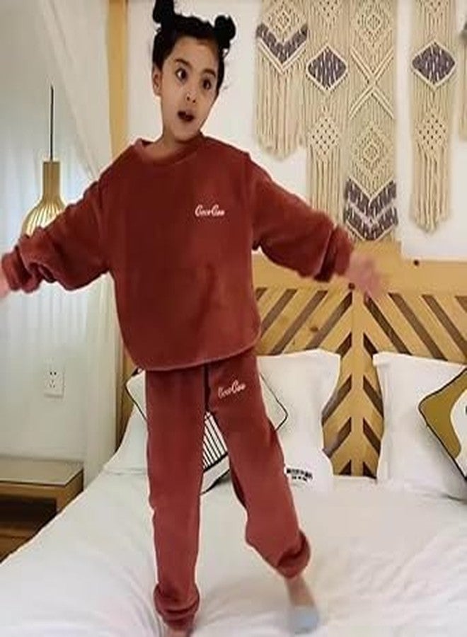 SHAPERX® Winter Warm Fleece Kid's Solid Casual Sweatshirt Tshirt and Pajama Pant Clothing for Boys Girls Pack of 1 (BROWN, S) - Image 2