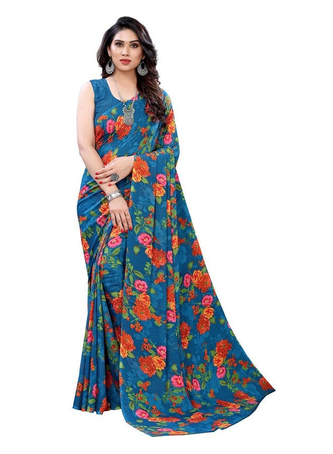 SIRIL SIRIL Women's Georgette Floral Printed Saree with Blouse Piece (1955S350_ Blue) - Image 1