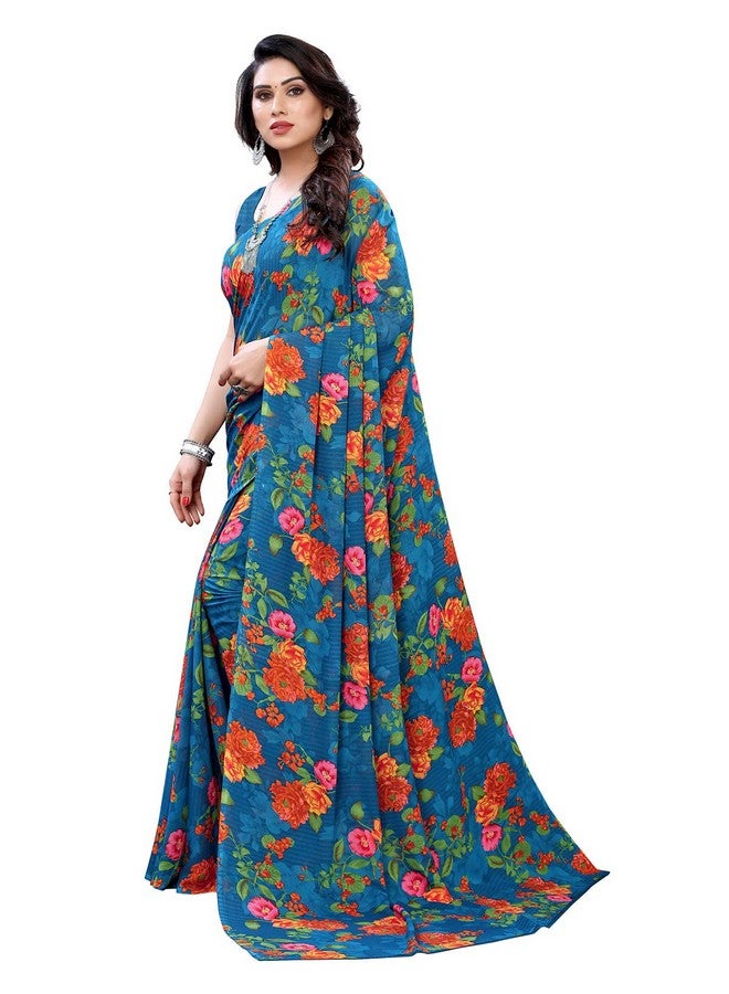 SIRIL SIRIL Women's Georgette Floral Printed Saree with Blouse Piece (1955S350_ Blue) - Image 2