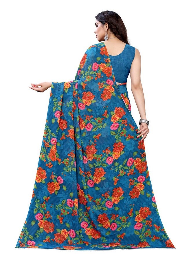 SIRIL SIRIL Women's Georgette Floral Printed Saree with Blouse Piece (1955S350_ Blue) - Image 3
