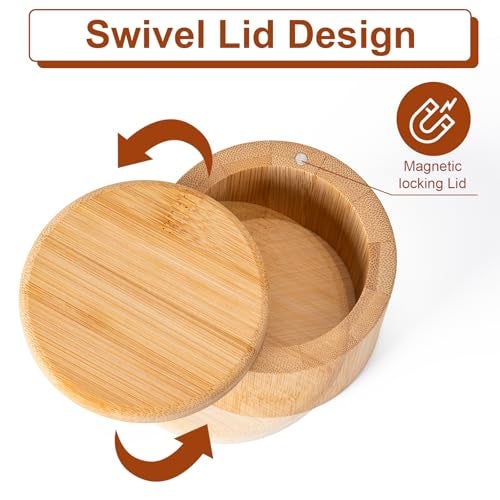Husfunov Bamboo Salt Cellar, Magnetic Swivel Lid Salt Box, Round Container for Storing Pepper Sugar Herbs, 6 Ounce Capacity - Image 3