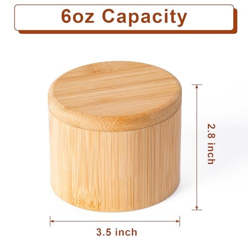 Husfunov Bamboo Salt Cellar, Magnetic Swivel Lid Salt Box, Round Container for Storing Pepper Sugar Herbs, 6 Ounce Capacity - Image 2