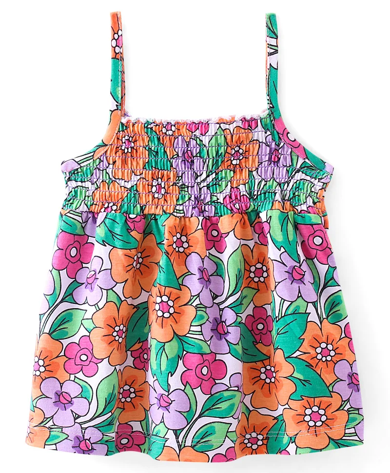 babyhug Babyhug 100% Cotton Knit Sleeveless Top With Smocking & Floral Print - Multicolor