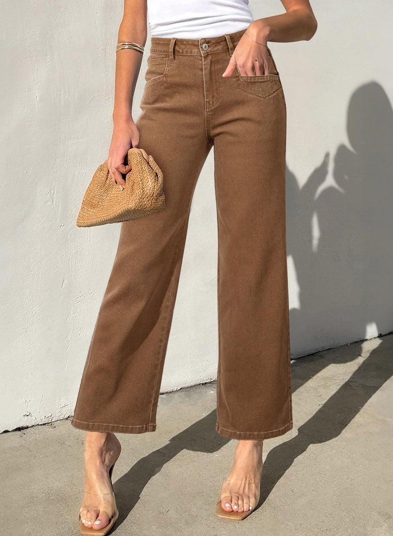 Sidefeel Women's Jeans High Waisted Wide Leg Jeans Stretchy Straight Leg Zimbaplatinum Ankle Denim Pants with Slant Pockets Brown Size 12 - Image 2
