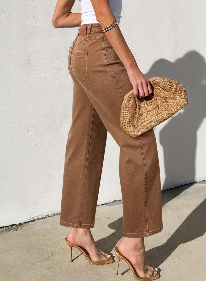 Sidefeel Women's Jeans High Waisted Wide Leg Jeans Stretchy Straight Leg Zimbaplatinum Ankle Denim Pants with Slant Pockets Brown Size 12 - Image 3
