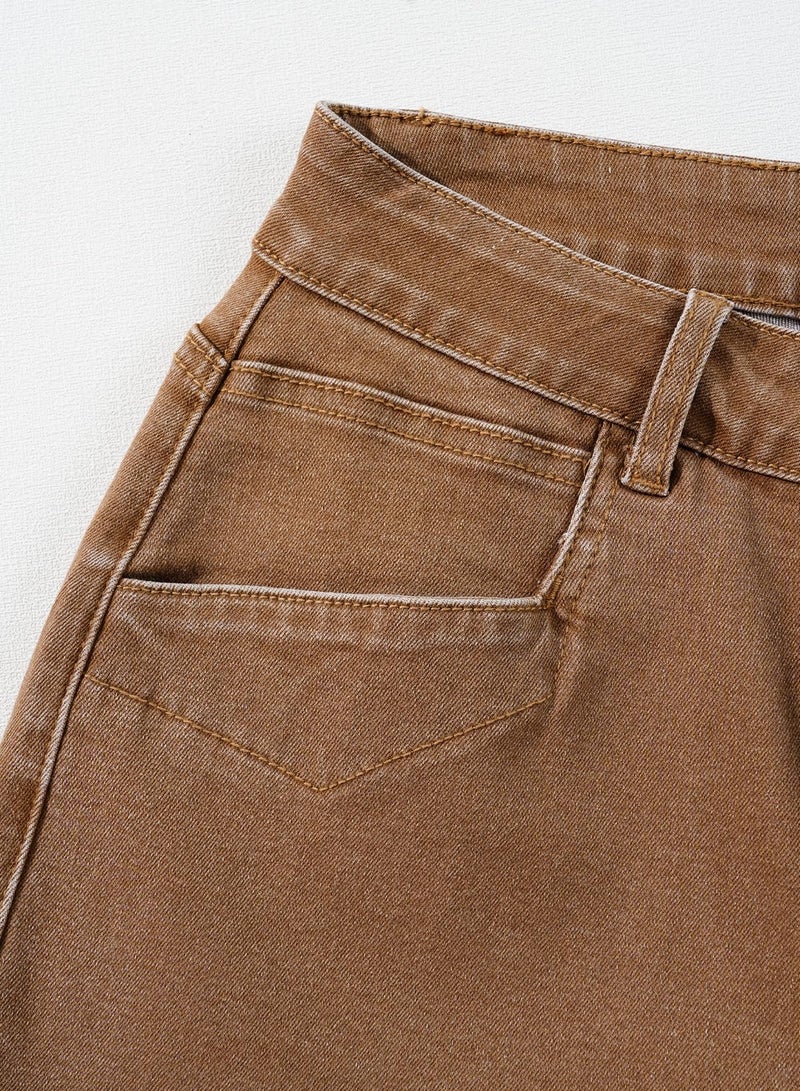 Sidefeel Women's Jeans High Waisted Wide Leg Jeans Stretchy Straight Leg Zimbaplatinum Ankle Denim Pants with Slant Pockets Brown Size 12 - Image 4