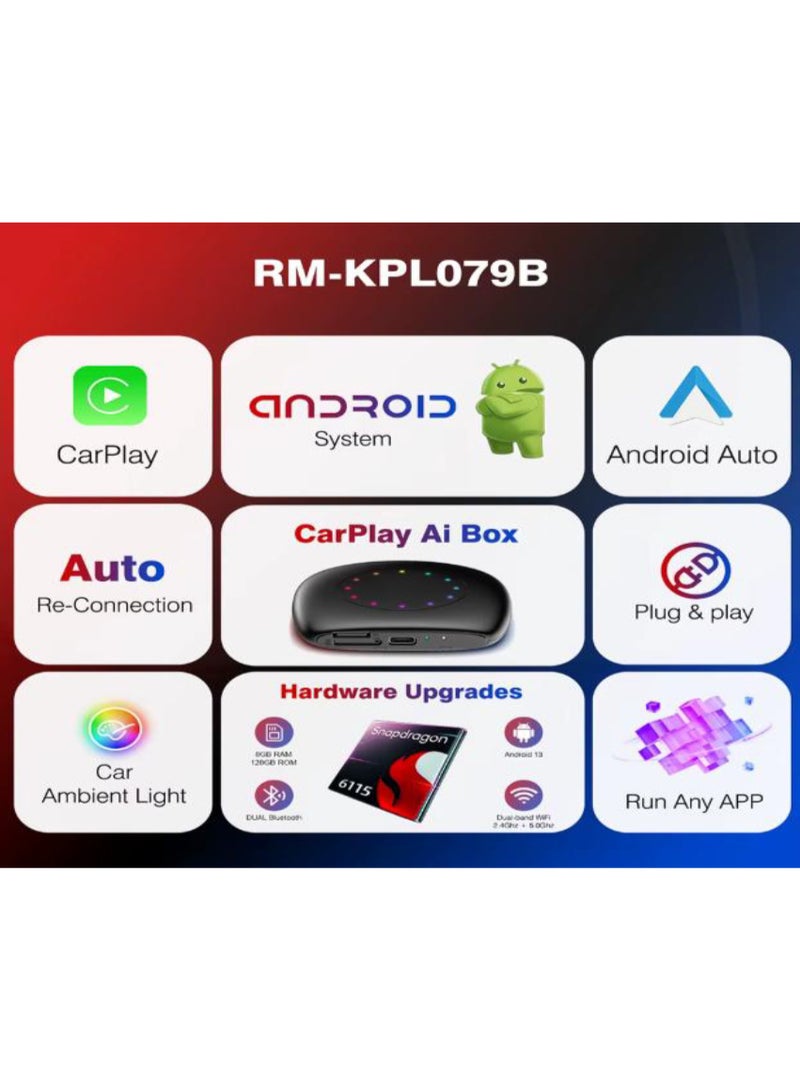 جهاز CarPlay AI Box لاسلكي ومحول Android Auto، أندرويد 13، رام 8GB، ذاكرة 128GB، 4G WiFi Bluetooth، أسود - Image 2