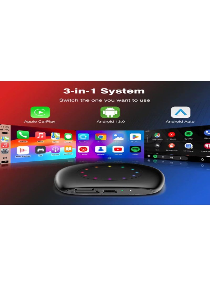 جهاز CarPlay AI Box لاسلكي ومحول Android Auto، أندرويد 13، رام 8GB، ذاكرة 128GB، 4G WiFi Bluetooth، أسود - Image 3