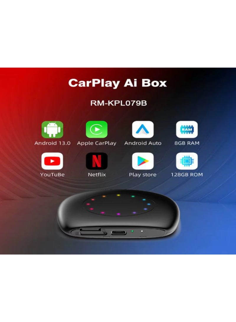 جهاز CarPlay AI Box لاسلكي ومحول Android Auto، أندرويد 13، رام 8GB، ذاكرة 128GB، 4G WiFi Bluetooth، أسود - Image 1