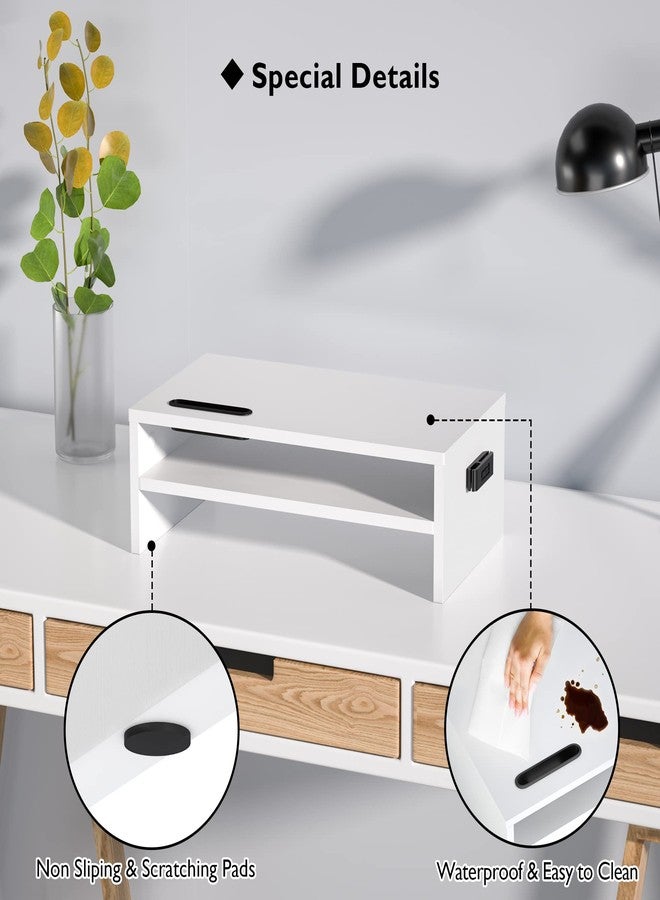 BONTEC Wooden Monitor Stand Riser, 2-Tier Desk Shelf with Storage Organizer, Ergonomic Computer Stand with Cable Management, Cellphone Holder, White, 16.5 Inch - Image 4