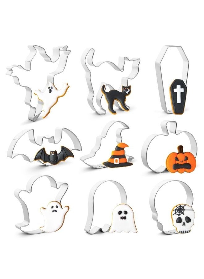 هومستر Cookie Cutters Set 9 Piece Stainless Steel Metal Party Cookie Cutters Shapes -اليقطين، أشباح، بات، قطة سوداء، قبعة ساحرة، جمجمة، كفّ، 1، الفضة - Image 1