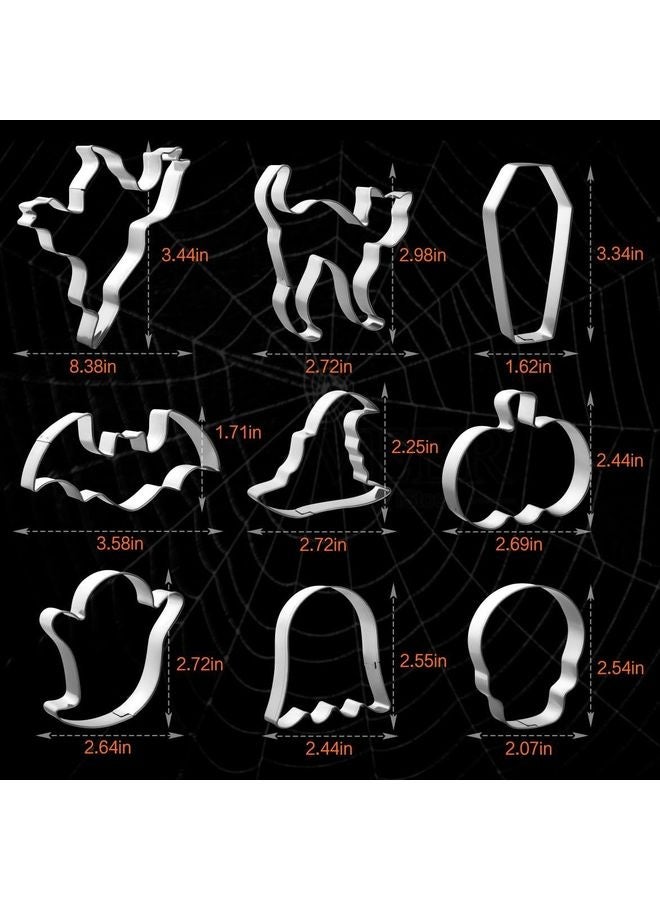 هومستر Cookie Cutters Set 9 Piece Stainless Steel Metal Party Cookie Cutters Shapes -اليقطين، أشباح، بات، قطة سوداء، قبعة ساحرة، جمجمة، كفّ، 1، الفضة - Image 3