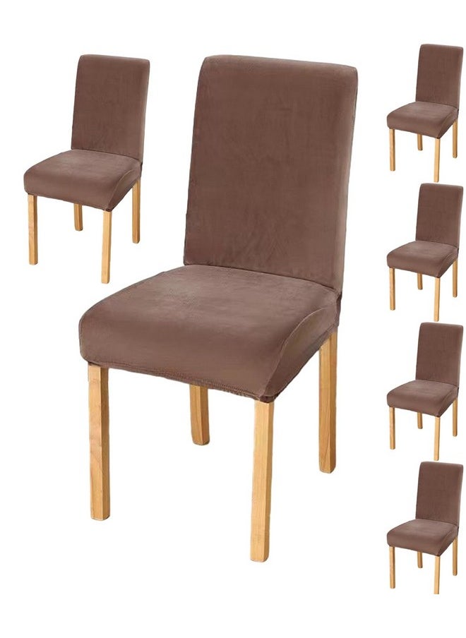Styleys Styleys Velvet Dining Chair Covers Stretch Chair Covers for Dining Room Chair Protector Covers Slipcover Chair Covers (Pack of 6, Brown, VEMC9)  - Image 1