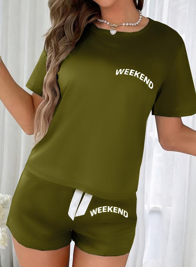 Take Two Olive Slogan Text Print T-Shirt and Shorts Set - Image 4