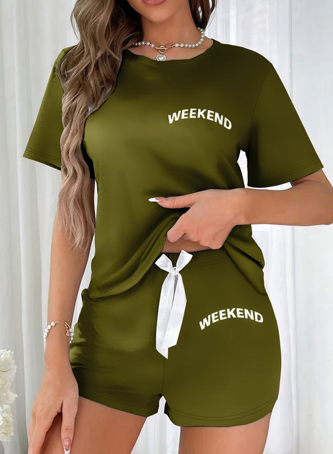 Take Two Olive Slogan Text Print T-Shirt and Shorts Set - Image 3