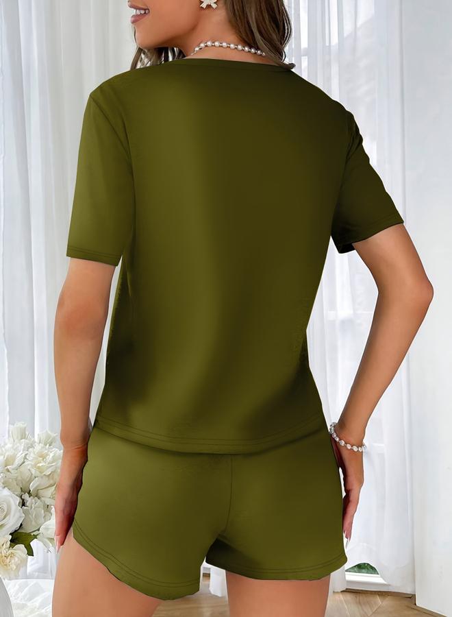 Take Two Olive Slogan Text Print T-Shirt and Shorts Set - Image 2