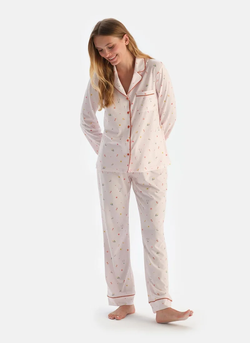 dagi Flower Print Shirt & Trousers Pajama Set Spread Collar Supreme Mid Rise Sleepwear