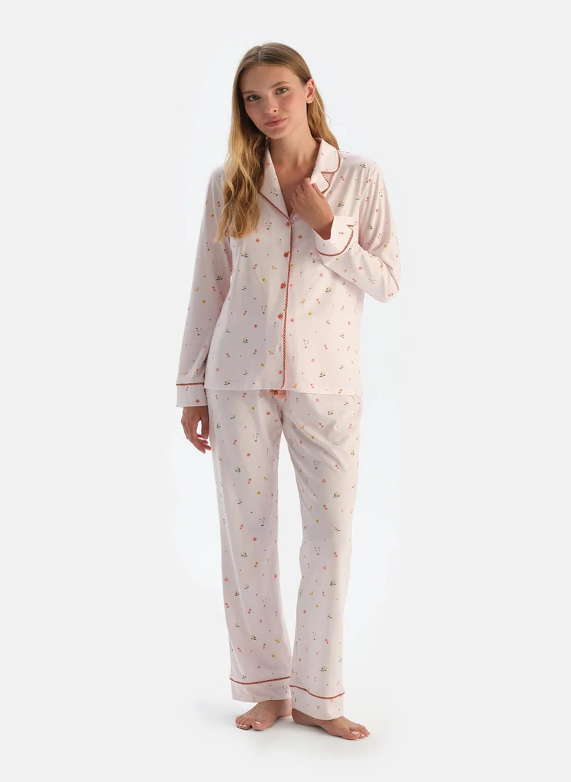 dagi Flower Print Shirt & Trousers Pajama Set Spread Collar Supreme Mid Rise Sleepwear