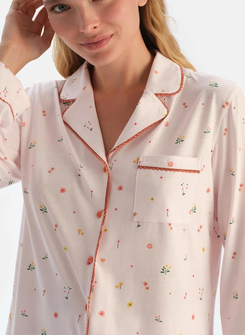 dagi Flower Print Shirt & Trousers Pajama Set Spread Collar Supreme Mid Rise Sleepwear