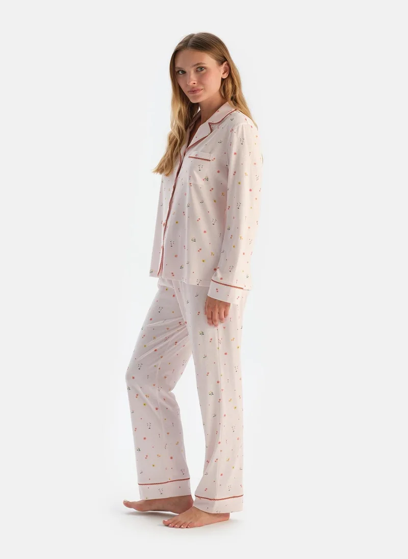 dagi Flower Print Shirt & Trousers Pajama Set Spread Collar Supreme Mid Rise Sleepwear