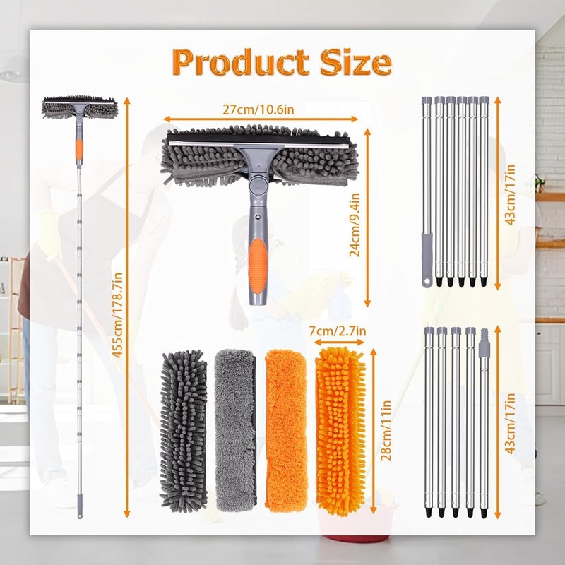 Kenmohuo 4.5M Extendable Window Cleaning Pole Set, 2in1 Long Reach Window Cleaning Equipment with Silicon Squeegee and 4 Microfiber Pad(2Orange 2Gray), Telescopic Long Handle Squeegee with Gloves - Image 2