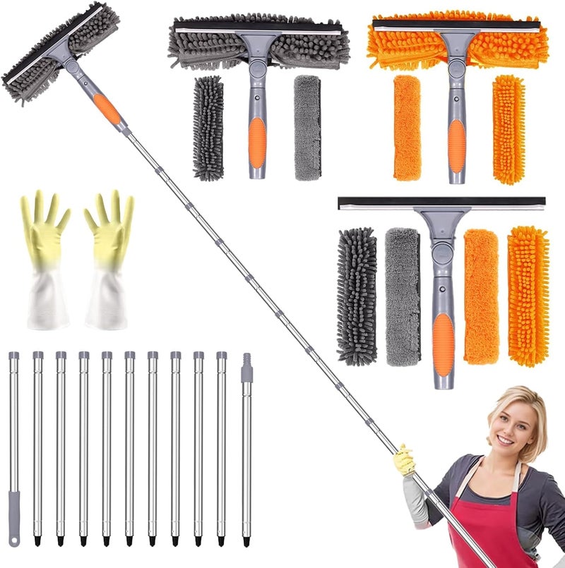 Kenmohuo 4.5M Extendable Window Cleaning Pole Set, 2in1 Long Reach Window Cleaning Equipment with Silicon Squeegee and 4 Microfiber Pad(2Orange 2Gray), Telescopic Long Handle Squeegee with Gloves - Image 1