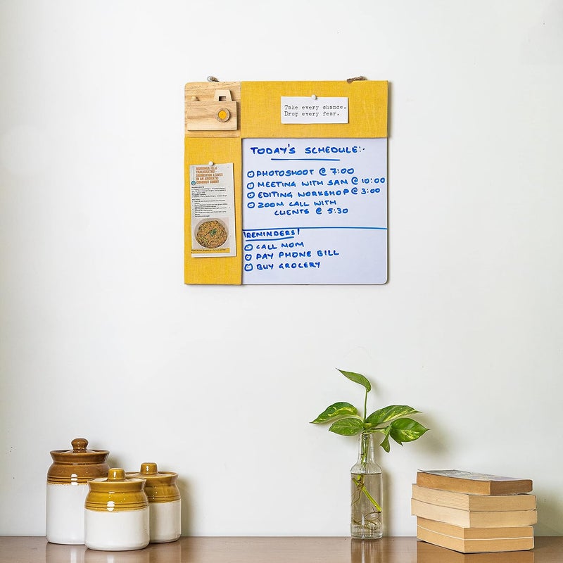 IVEI Combination Board - Pin Board and White Board Combo - Dry Erase Board - Bulletin Board - Dual White Board & Pin Board for Kids Study Room, Office, School, Home with Handcrafted Camera - Yellow - Image 2