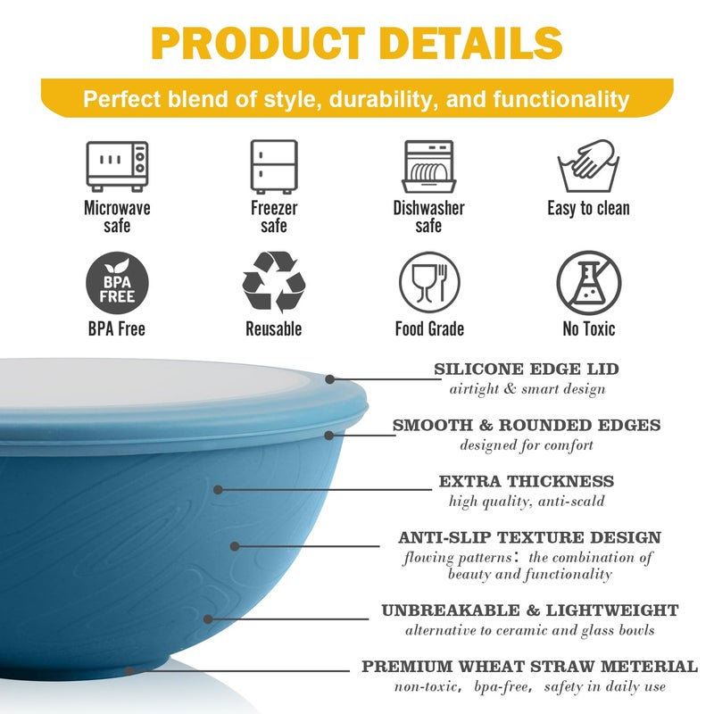 Perlapoc Wheat Straw Bowls Set with Lids, Unbreakable 40 OZ Cereal Bowls Set of 4, Salad Container for Lunch, Microwave & Dishwasher Safe Bowl Set for Kitchen, Picnic, RV, Camping, Multi - Image 3