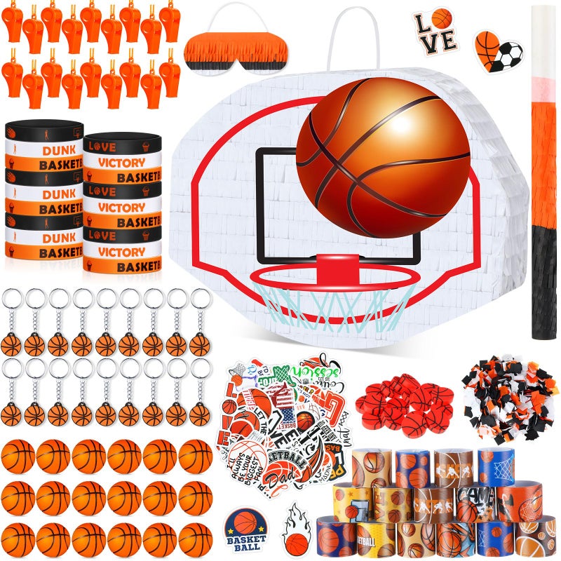 Hollowfly 162 Pcs Basketball PiÃ±ata Basketball Party Favors 13 x 10 x 3 inch with Blindfold Confetti Bat Stress Ball Keychains Wristband Whistles Eraser Slap Bracelet Sticker Birthday Party Decoration - Image 1