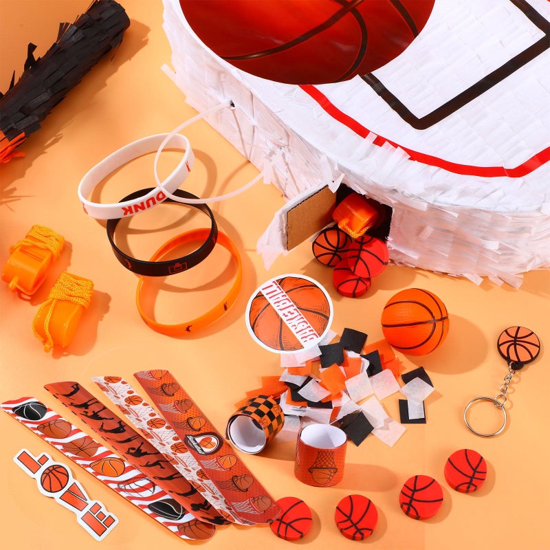 Hollowfly 162 Pcs Basketball PiÃ±ata Basketball Party Favors 13 x 10 x 3 inch with Blindfold Confetti Bat Stress Ball Keychains Wristband Whistles Eraser Slap Bracelet Sticker Birthday Party Decoration - Image 5