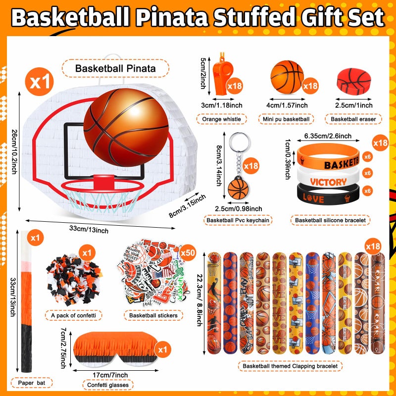 Hollowfly 162 Pcs Basketball PiÃ±ata Basketball Party Favors 13 x 10 x 3 inch with Blindfold Confetti Bat Stress Ball Keychains Wristband Whistles Eraser Slap Bracelet Sticker Birthday Party Decoration - Image 2