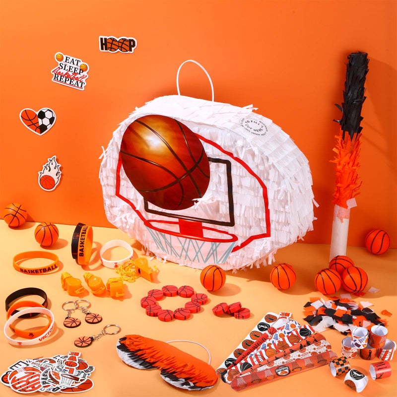 Hollowfly 162 Pcs Basketball PiÃ±ata Basketball Party Favors 13 x 10 x 3 inch with Blindfold Confetti Bat Stress Ball Keychains Wristband Whistles Eraser Slap Bracelet Sticker Birthday Party Decoration - Image 4