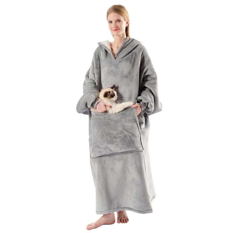 Krifey Big & Tall Wearable Blanket Hoodie with Cat Pocket, Extra Long Oversized Fleece Blanket for Adults, Cozy Birthday Gifts, Christmas Gifts - Image 1