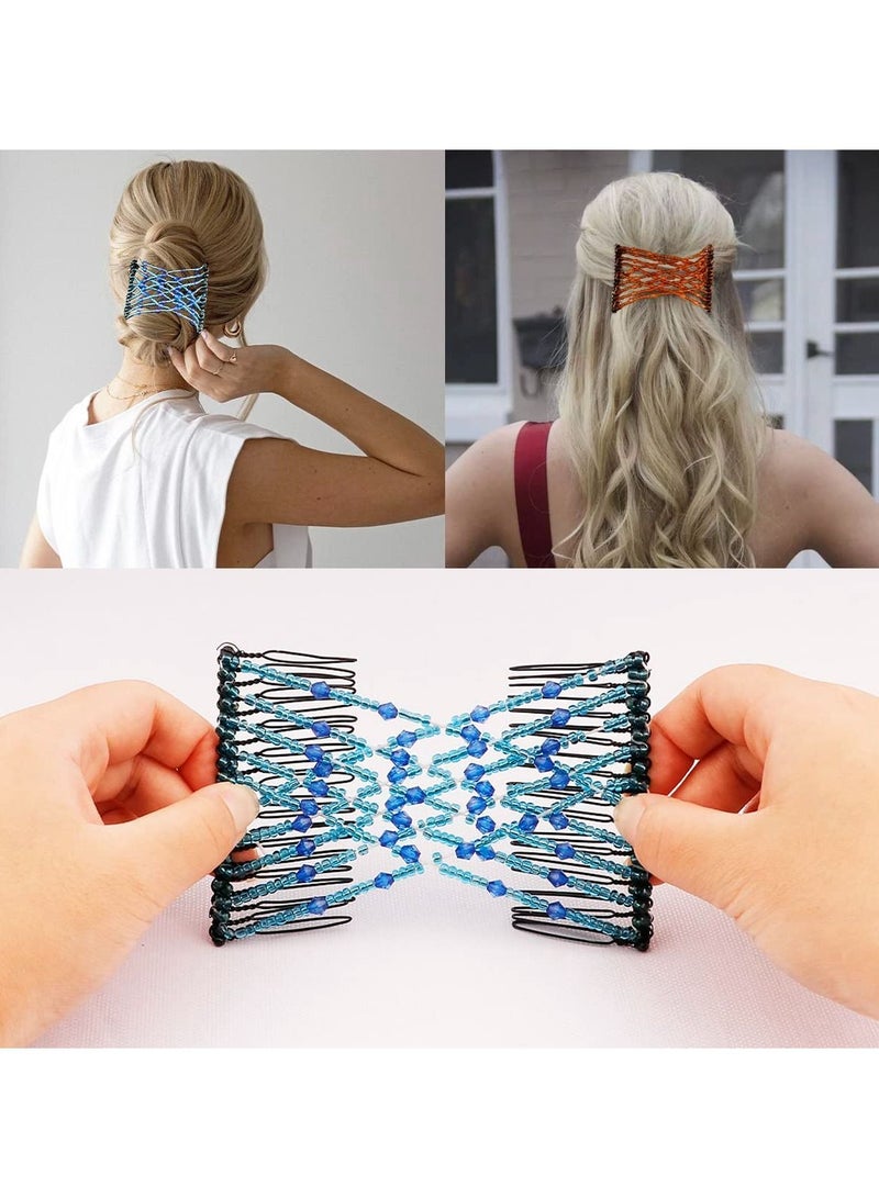 NIBEMINENT Elastic Magic Hair Comb Clips Stretchy Double Forks for Women Girls Vintage Hairstyle Multipurpose Accessories (Beads Style-Blue Brown Black) 3 Pieces - Image 2
