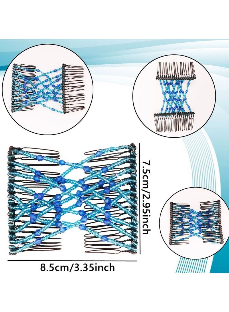 NIBEMINENT Elastic Magic Hair Comb Clips Stretchy Double Forks for Women Girls Vintage Hairstyle Multipurpose Accessories (Beads Style-Blue Brown Black) 3 Pieces - Image 3