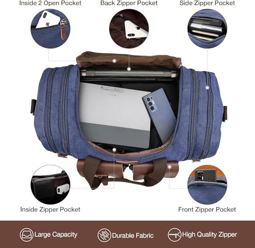 Wildroad 60L Travel Duffel Bag, Expandable Canvas Genuine Leather Duffle Bag Upgraded Overnight Weekender Bag Carry on Bag - Image 2
