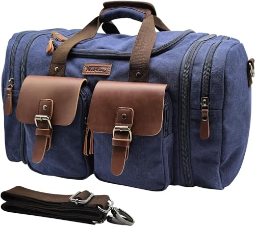Wildroad 60L Travel Duffel Bag, Expandable Canvas Genuine Leather Duffle Bag Upgraded Overnight Weekender Bag Carry on Bag - Image 1