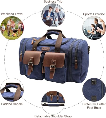 Wildroad 60L Travel Duffel Bag, Expandable Canvas Genuine Leather Duffle Bag Upgraded Overnight Weekender Bag Carry on Bag - Image 3