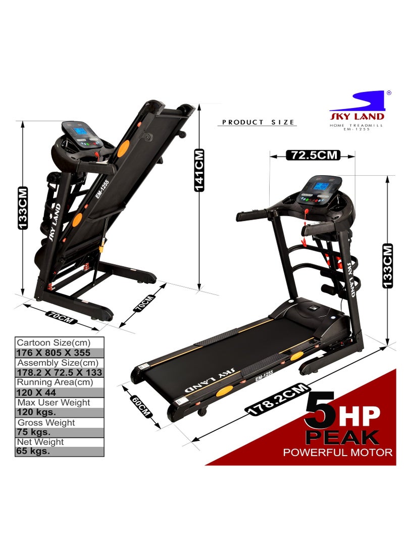 سكاي لاند جهاز مشي بقوة 5 حصان للاستخدام المنزلي مع حزام مساج، بلوتوث، تطبيق Fit Show، ميل 15%، جهاز جري قابل للطي لصالة الألعاب الرياضية المنزلية، سعة 120 كجم – EM-1255 - Image 4