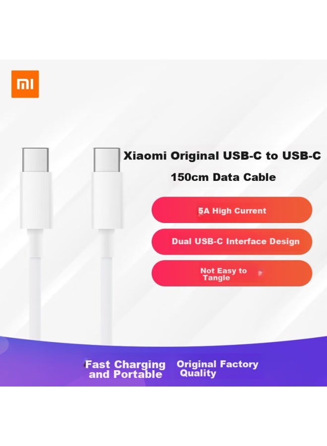M I كابل بيانات نوع-C أصلي من شاومي 150 سم 5A كابل شحن أبيض متوافق مع منافذ USB-C للهواتف، أجهزة الكمبيوتر المحمولة/الأجهزة اللوحية، وحدات التحكم في الألعاب شاومي ريدمي - Image 1