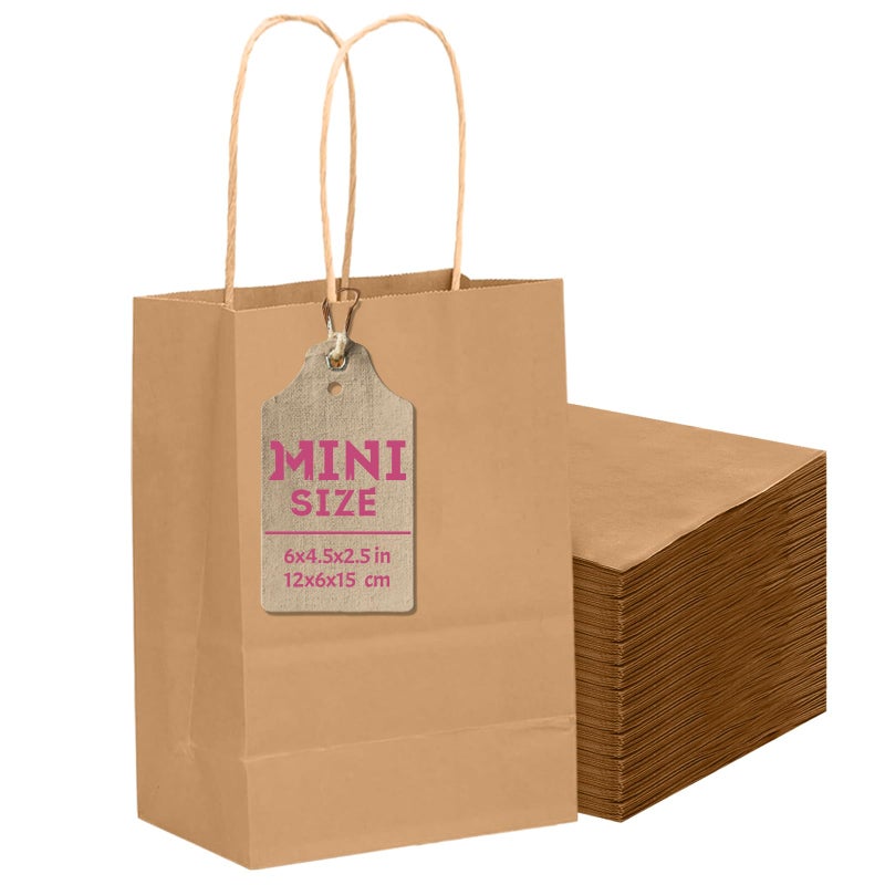 Qiqee 50-Packs Brown Paper Gift Bags With Handles Bulk 4.5""X2.5""X6"" Mini Size Party Favor Bags Multiple Uses - Image 1