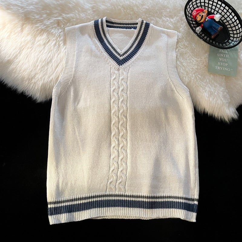 Japanese sweater bf vest mens and womens sleeveless sweater ins loose couples vest V-neck vest vest top White 