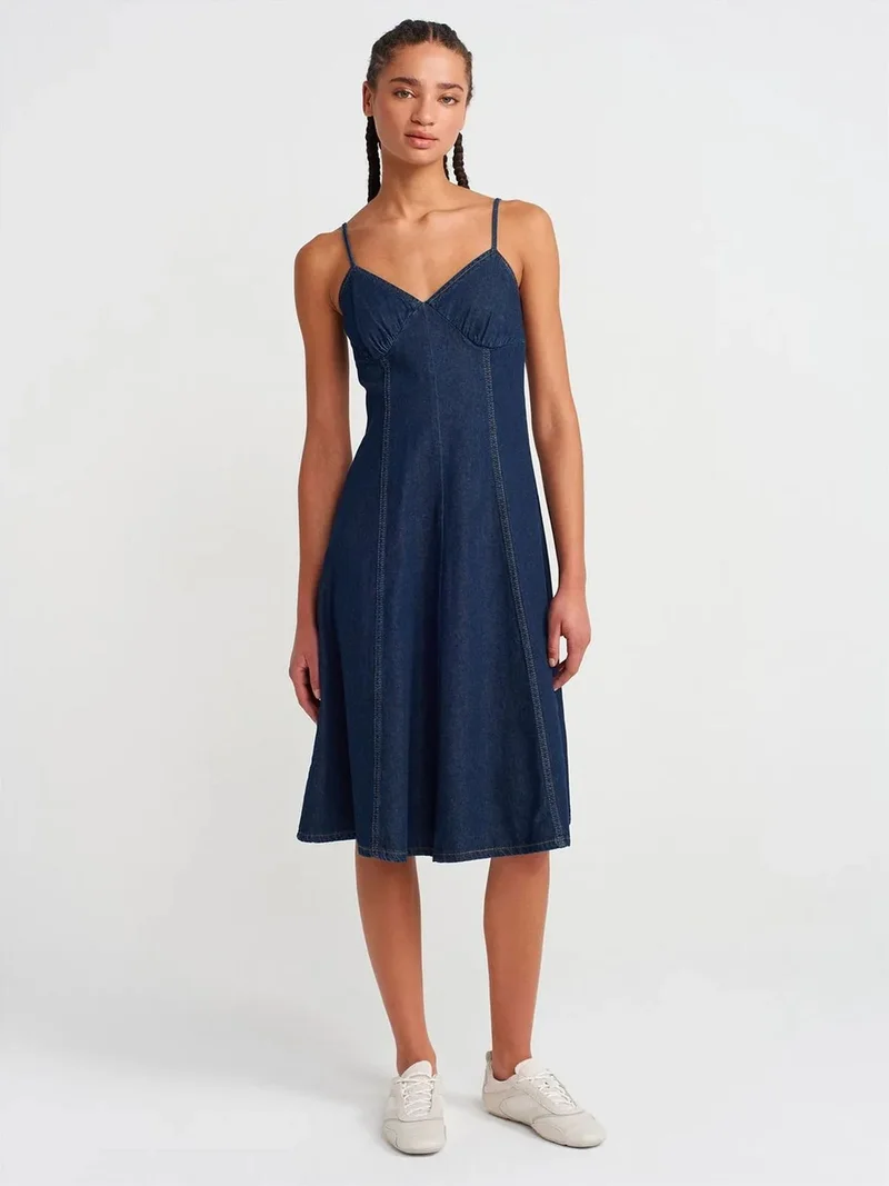 ديلفين Dilvin Cotton Denim Midi A-Line Dress