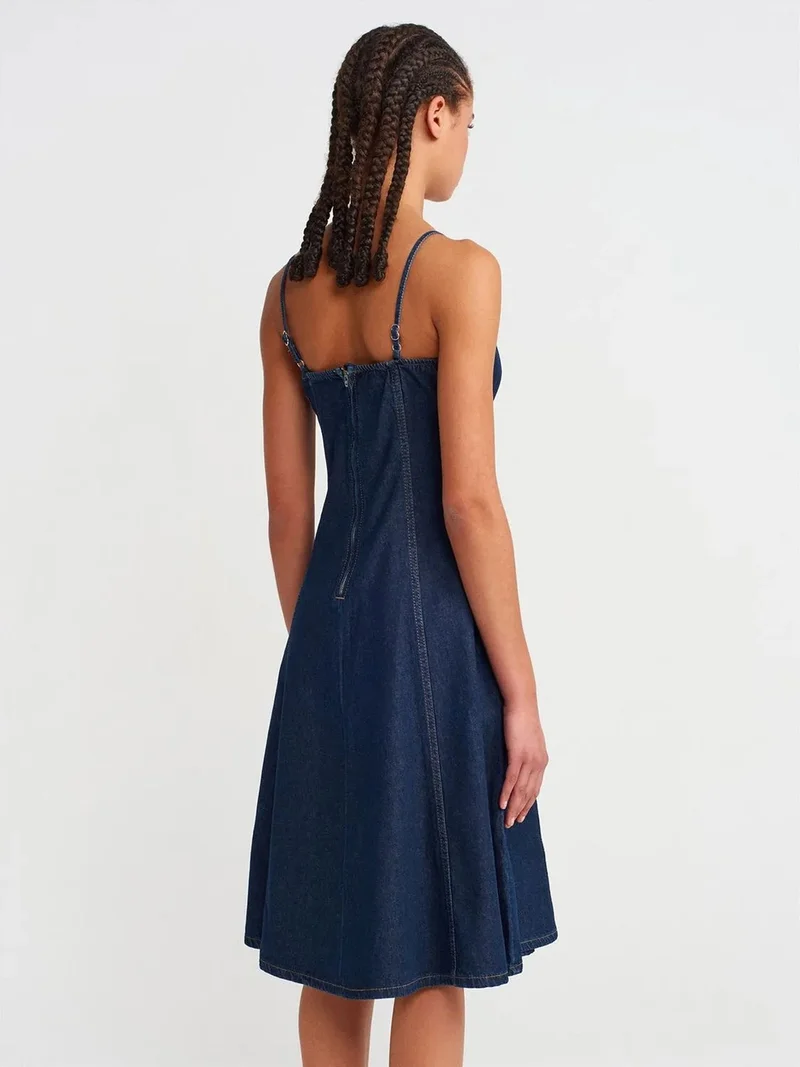 ديلفين Dilvin Cotton Denim Midi A-Line Dress